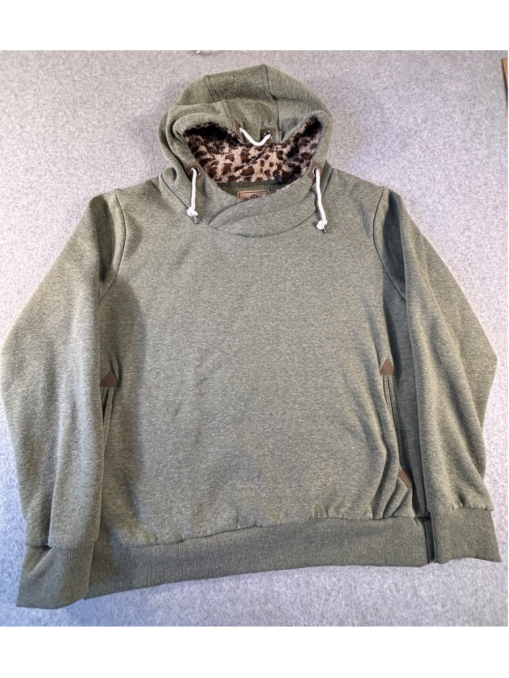 Leehanton Womens 2XL Olive Green Hoodie Leopard Lined Hood Cowl Neck Pullover